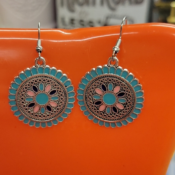 Turquoise Tribal Aztec Style Earrings - Picture 1 of 1